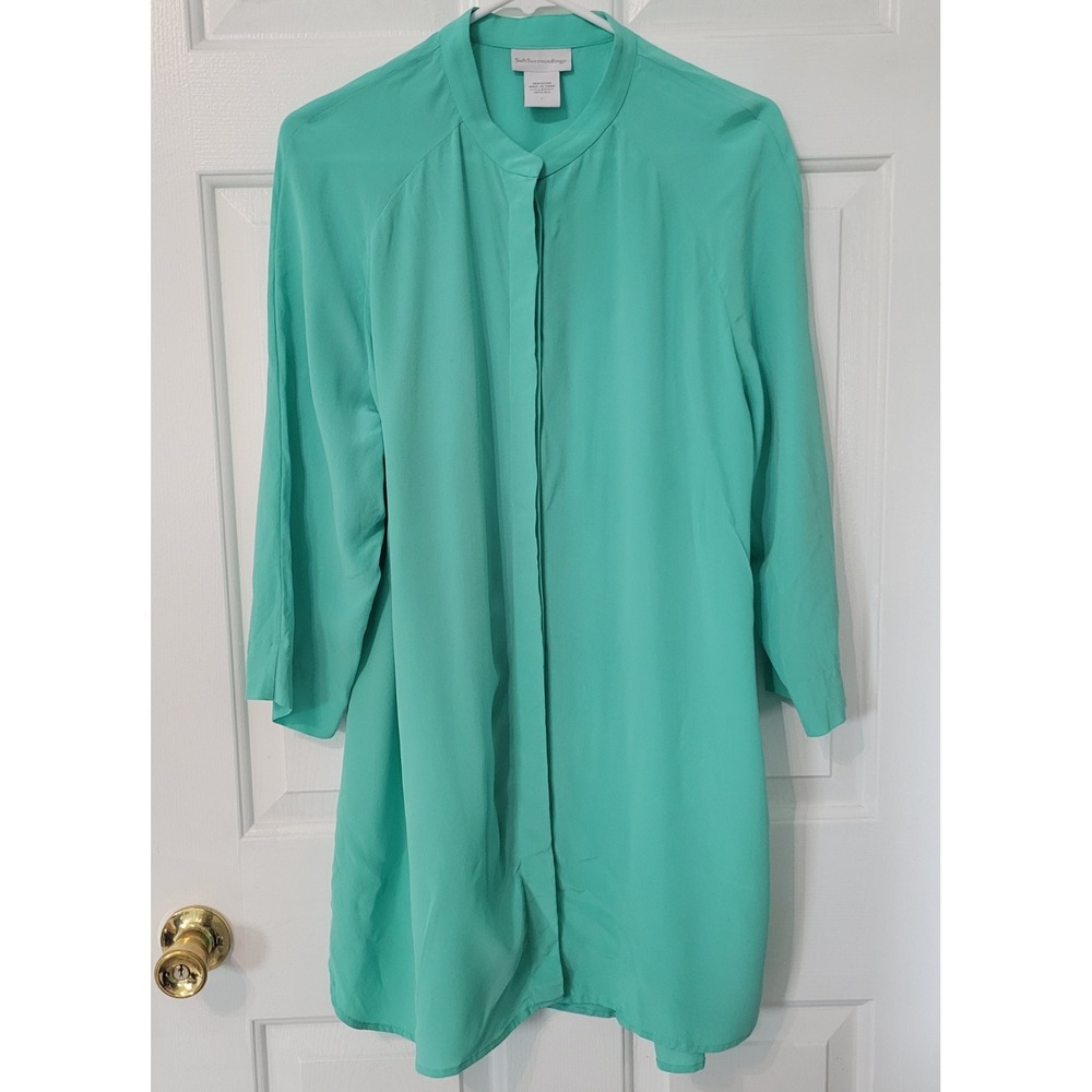 Soft Surroundings 100% Silk Blouse Womens LG Teal Green Button Front Flowy Tunic